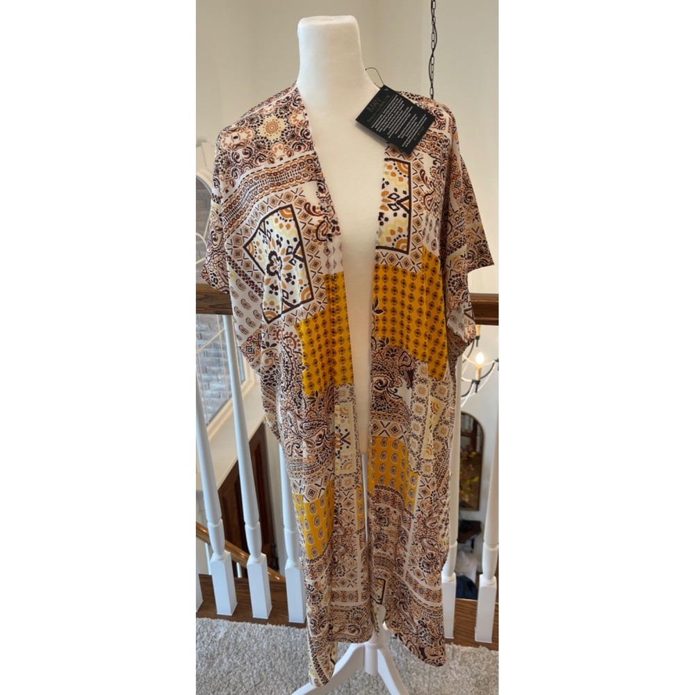 IMAN Global Chic Open Front Wrap Poncho Cover Up Flowing Scarf Browns One Size